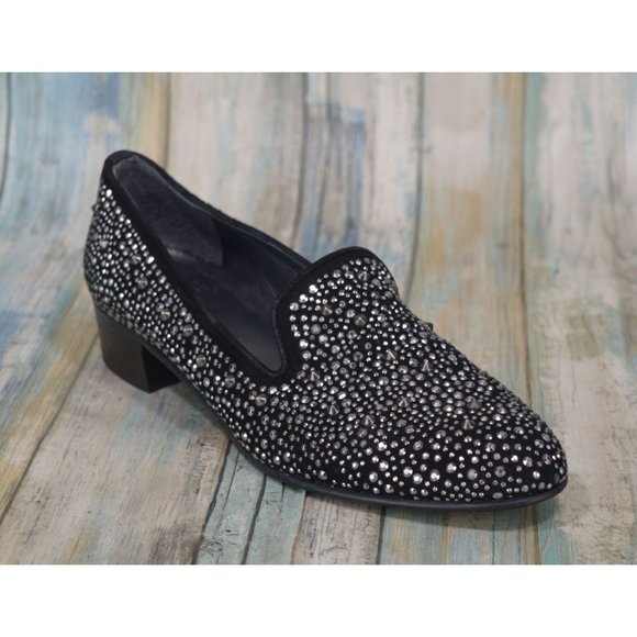 Stuart Weitzman Slipbeads Studded Smoking Flats Size 7 Black Suede Designer - Picture 2 of 10